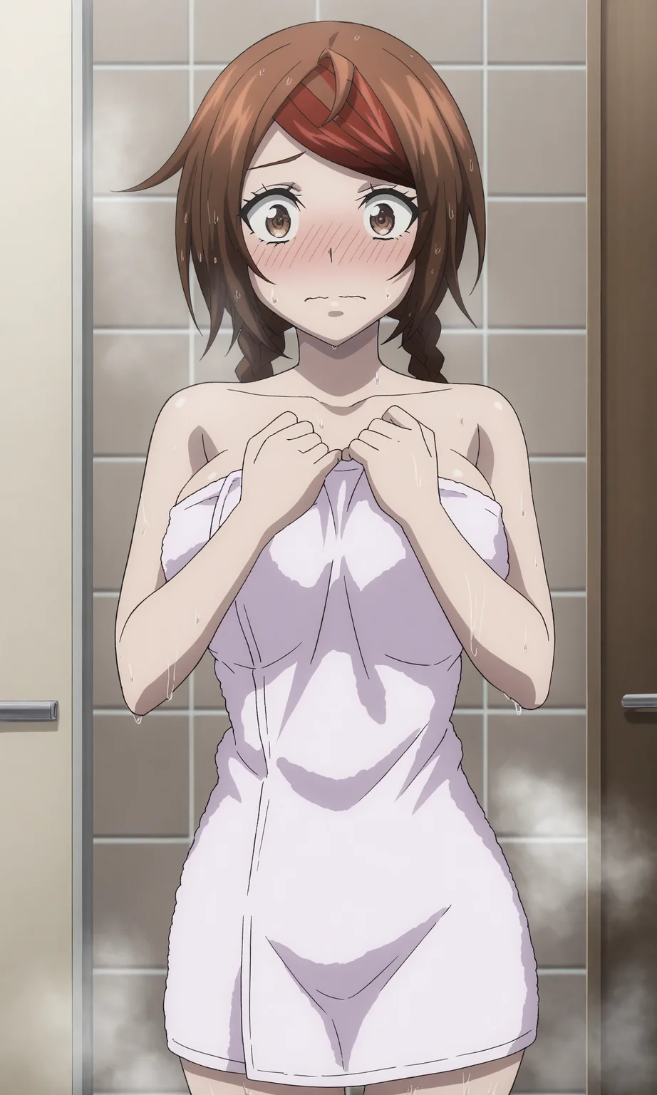masterpiece, best quality, high resolution, absurdres, 1girl, sakimiya_misaki, brown_eyes, brown_hair, short_hair, twin_braids, streaked_hair, large_breasts, bathroom, towel, wet, embarrassed, surprised, indoors, steam, wet_hair,