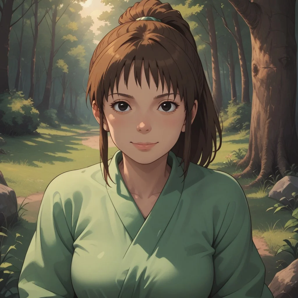 score_9, score_8, BREAK, solo, Chihiro_Ogino_(Spirited_Away), brown hair, ponytail, short hair, black eyes, cute face, green shirt, pink shorts, sandals, tall, adult female, mature female, breasts, sexy pose, self portrait, smile, looking at viewer, outdoors, sunlight, shadows, evening lighting, natural lighting, forest, trees, grass, orange sky, sunset