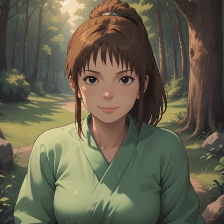 score_9, score_8, BREAK, solo, Chihiro_Ogino_(Spirited_Away), brown hair, ponytail, short hair, black eyes, cute face, green shirt, pink shorts, sandals, tall, adult female, mature female, breasts, sexy pose, self portrait, smile, looking at viewer, outdoors, sunlight, shadows, evening lighting, natural lighting, forest, trees, grass, orange sky, sunset