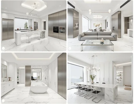 This set of four images captures a sleek and modern home design featuring stainless steel and white marble surfaces; [IMAGE1] displays a spacious kitchen with shiny white marble countertops, stainless steel appliances, and minimalist pendant lighting, with a large island at the center; [IMAGE2] features a living room with a glass coffee table on a white marble floor, a modular gray sofa, and a polished steel accent wall; [IMAGE3] showcases a pristine bathroom with a floating vanity, a backlit mirror, and a freestanding tub set against a white marble backdrop; [IMAGE4] highlights a dining room with a large white marble table, modern steel chairs, and a statement chandelier hanging above, creating an elegant and cohesive aesthetic.