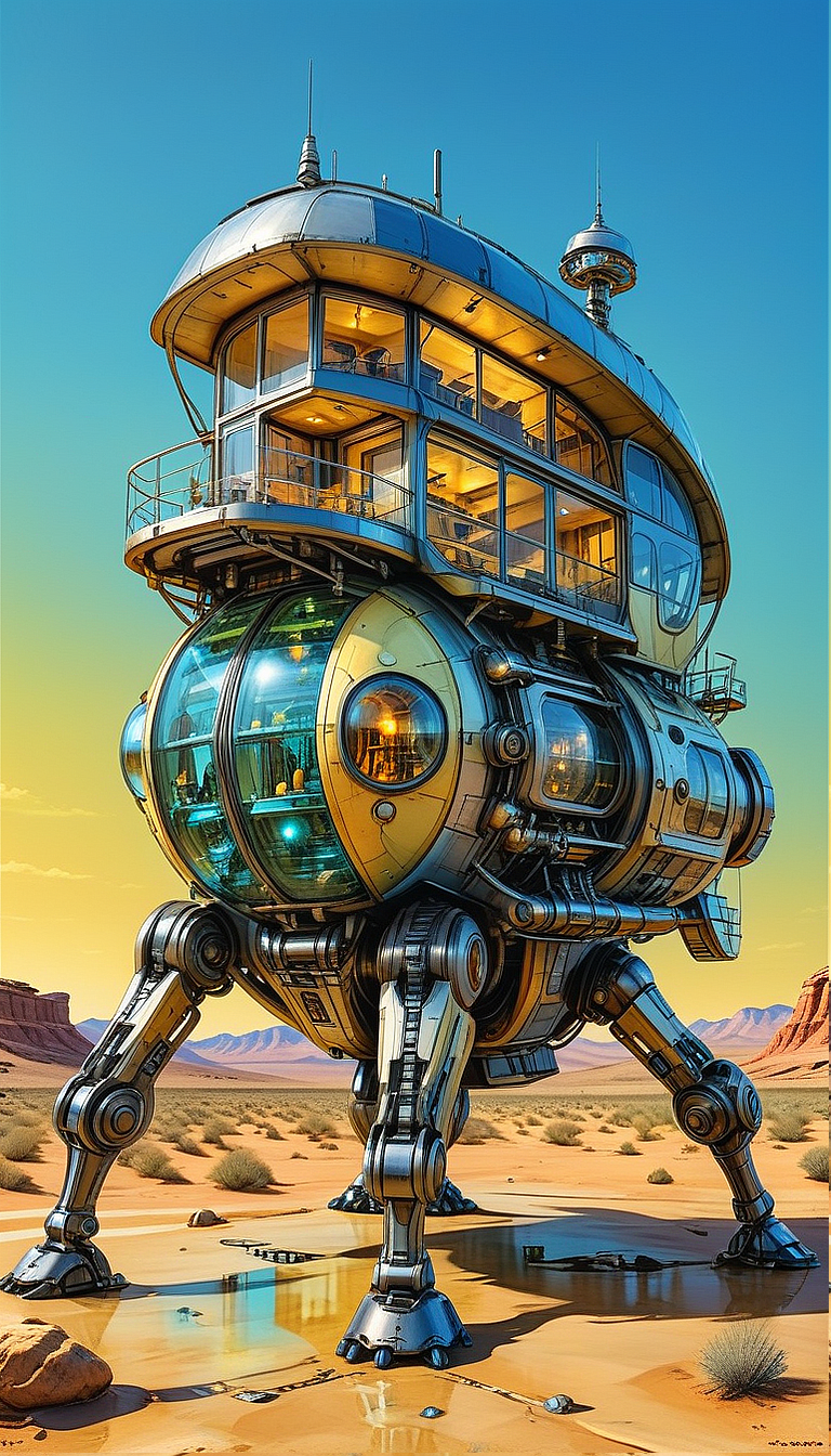 (cel-shading:2)+, (in ARTIST style:1.6), (masterpiece:1.7), hyperrealism, glossy, shinny,
clear image, accurate picture, clear picture, precise image, focused image, Science fiction style, Science fiction,
(glass and metal house with cozy comfy living space inside) on mechanical legs, science fiction, aquarium on mechanical legs focus, night desert background, mecha, pale yellow,
comic style, (ultra sharp focus:2), (thin lines:2),
(best quality:1.8),
<lora:Apparatus_-_Traction_City_Walkers_Vehicles:0.8>,