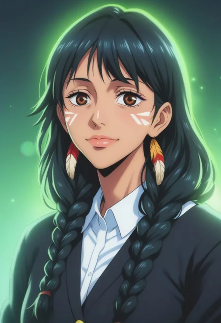 score_9, score_8_up, score_7_up, source_anime, intricate details, anime screencap, perfect balance, official art, extremely detailed CG unity 8k wallpaper, perfect lighting, Colorful, Warm_Front_face_Lighting, (masterpiece:1.0),(best_quality:1.0), ultra high res,4K,ultra-detailed, photography, 8K, HDR, highres, absurdres:1.2, Kodak portra 400, blurry background, bokeh, lens flare, (Anime) (vibrant_color:1.2), professional photograph, night, (cute_face:1.2), 2d, anime, upper body, intricate iris, American, Professional character design, 1girl, female focus, (Brown eyes), perfect eyes, (black-hair), Native American, Indigenous, American Indian, youthful, solo, jujutsu_kaisen_style, character portrait, (perfect-lighting), face, young, (Dark-black-hair), Long hair, (Native American), Indigenous, American Indian, (((wild eyes))), (Native North American), (Upturned eyes), (high cheekbones), (strong jawline), (Black Hair), ((((Native-American-Eagle-feather-braids, Native American Eagle feather accessories)))), (Black Cowboy Jacket), (((wild eyes))) ((Bobbed Bangs)) (((Slanted-Eyes))) (Psycho) (Happy) (Friendly) (Goofy) (Dark Black Jacket) (White Dress Shirt), (Warpaint), (Redwood Forest, Pacific Northwest Forests), (Inuit), (Tan skin), (Dark Skin), (Brown skin), (bobbed hair), White Eagle-Feather-Earrings, Thick Bangs, Bobbed hair, Bob-cut, White-Feather-Earrings, Brown-skin, Inuit Face-paint, Full-Bangs, Wide-Bangs, Thick-Hair, Native Face-paint