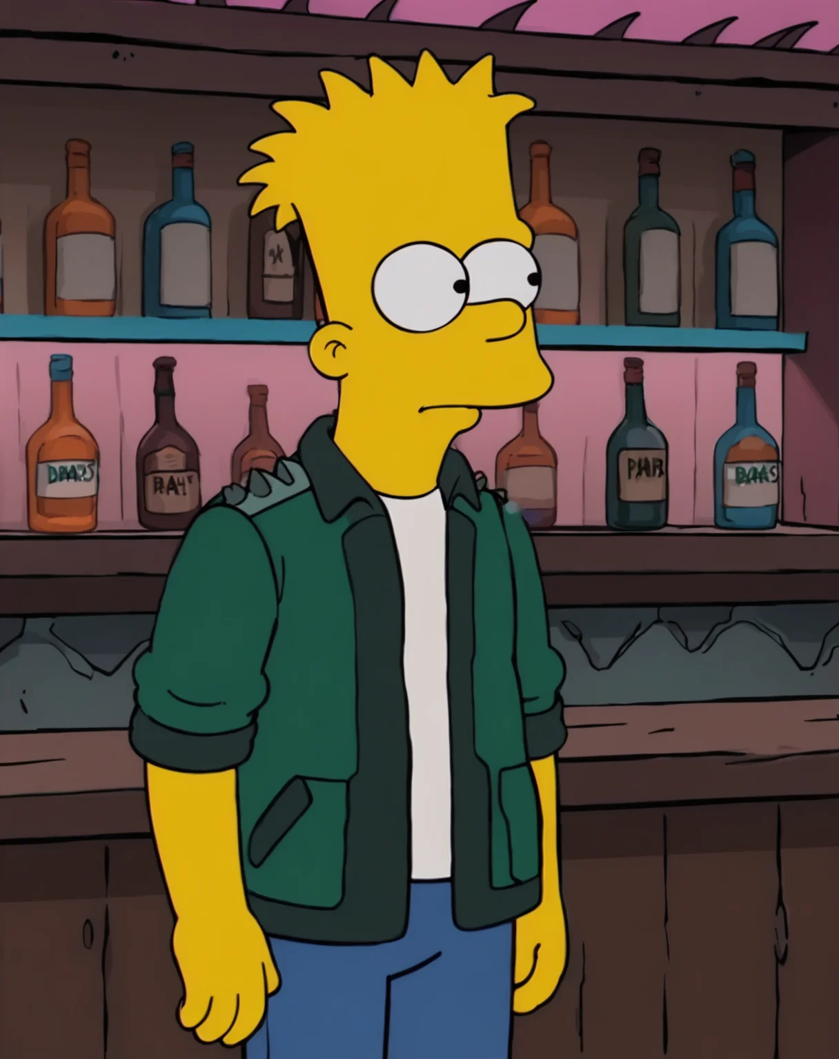 1boy, solo, bart simpson, spiked hair, blonde hair, black eyes, circle eyes, dot pupils, yellow skin, standing, green jacket, white shirt, blue pants, bar, cowboy shot, <lora:AdultBart9:0.8>,