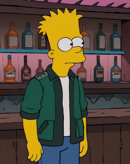 1boy, solo, bart simpson, spiked hair, blonde hair, black eyes, circle eyes, dot pupils, yellow skin, standing, green jacket, white shirt, blue pants, bar, cowboy shot, <lora:AdultBart9:0.8>,
