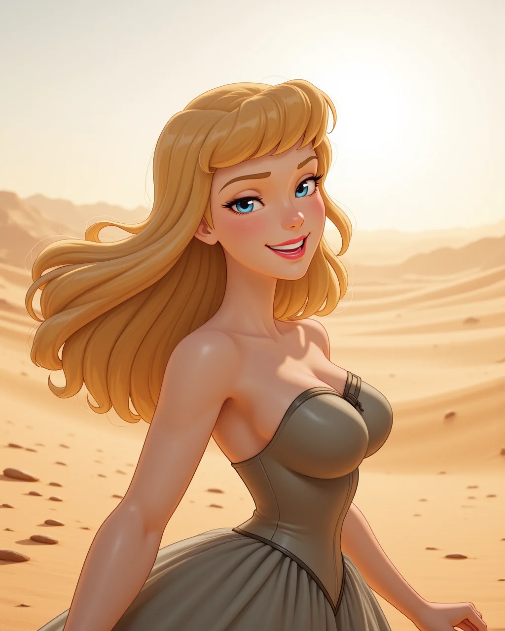 dynamic view, looking at viewer, outdoors daylight, Joyful with a bright smile, eyes crinkling at the corners, and cheeks lifted in delight.
A woman stands in a vast desert, the sun casting long shadows over the sand as the heat rises from the ground, stretching out into the horizon. in a dynamic pose
<lora:Disney_-_Cinderella_v2-000030:1> d-cinderella a 20 year old adult woman with blonde hair with blue eyes. In her iconic outfit