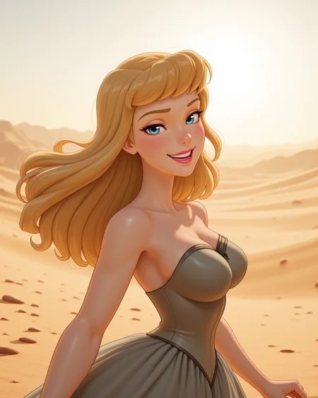 dynamic view, looking at viewer, outdoors daylight, Joyful with a bright smile, eyes crinkling at the corners, and cheeks lifted in delight.
A woman stands in a vast desert, the sun casting long shadows over the sand as the heat rises from the ground, stretching out into the horizon. in a dynamic pose
<lora:Disney_-_Cinderella_v2-000030:1> d-cinderella a 20 year old adult woman with blonde hair with blue eyes. In her iconic outfit