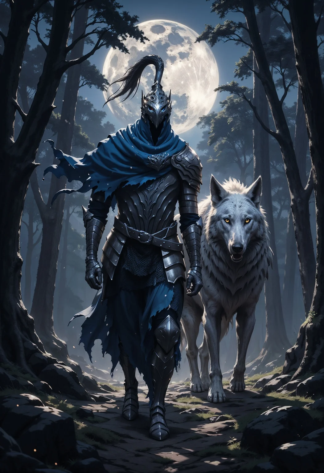 FluxArtorias, A stoic knight embarks on a nocturnal journey through the shadowy forest, walking with a giant white wolf. His billowing blue cloak stands out against the moonlit backdrop, adding an element of mystery to the scene. This ultra-realistic moment captures every intricate detail of the knight and his companion, bringing them to life in vivid detail. The dark fantasy atmosphere is heightened by the impeccable quality of the image, immersing viewers in a world of enchantment and danger. <lora:FluxArtorias:1> <lora:fluxenhancer:0.5>