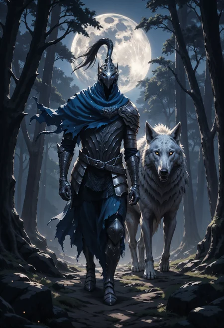 FluxArtorias, A stoic knight embarks on a nocturnal journey through the shadowy forest, walking with a giant white wolf. His billowing blue cloak stands out against the moonlit backdrop, adding an element of mystery to the scene. This ultra-realistic moment captures every intricate detail of the knight and his companion, bringing them to life in vivid detail. The dark fantasy atmosphere is heightened by the impeccable quality of the image, immersing viewers in a world of enchantment and danger. <lora:FluxArtorias:1> <lora:fluxenhancer:0.5>