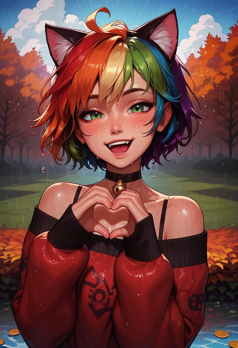 score_9, score_8_up, score_7_up, score_6_up,
1girl, 25 years old, perfect face, looking at viewer, adult, sexy,
freckles, green eyes,
short hair, rainbow hair, cat ears, wet hair,
bell, cute choker,
rainbow sweater, off-shoulder sweater, wet clothes,
standing, excited, laughing, happy, half-closed eyes,
scenery, autumn,
dark clouds, rain, water drop, small beam of sunlight, rainbow,
heart hands,