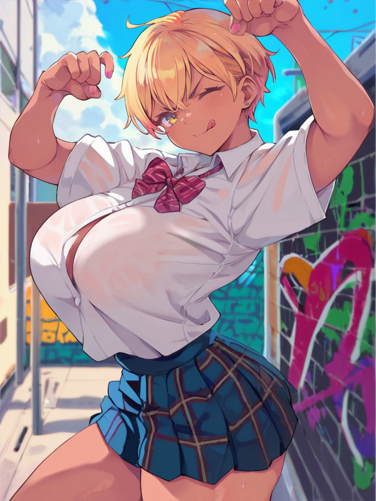 score_9, score_8_up, score_7_up, 1girl, dark skin, yellow eyes, curvy, huge breasts, wide hips, tomboy, gyaru ,from side, front, cute pose, angry, looking at viewer, simple white background, dynamic pose, cowboy shot, white socks, school uniform, lay on subway, graffiti, urban city, sexually suggestive, sexy, one closed eyes, tongue out, 
 <lora:VinhnyuXLP_style:1> VinhnyuXLP