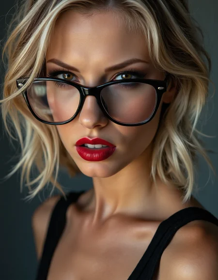 A striking portrait of a fierce blonde woman with piercing eyes and bold, direct eye contact. She wears natural-looking brick-red lipstick and large, avant-garde glasses. The composition embodies a high-fashion editorial aesthetic, blending ethereal beauty with dramatic shadows and luxurious fashion details. The zoomed-out perspective places the subject in 30% of the frame, leaving ample negative space around her head for a modern, minimalist feel. The subtle 3D effect enhances the visual depth, creating a captivating and dynamic image.