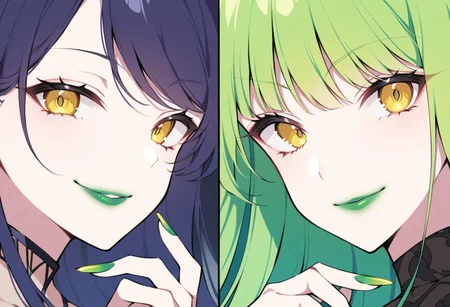 anime, two girls, adult, close up, lipstick, green lipstick, yellow lipstick, eye shadow, nail polish, lip gloss, long hair, sexy smile
