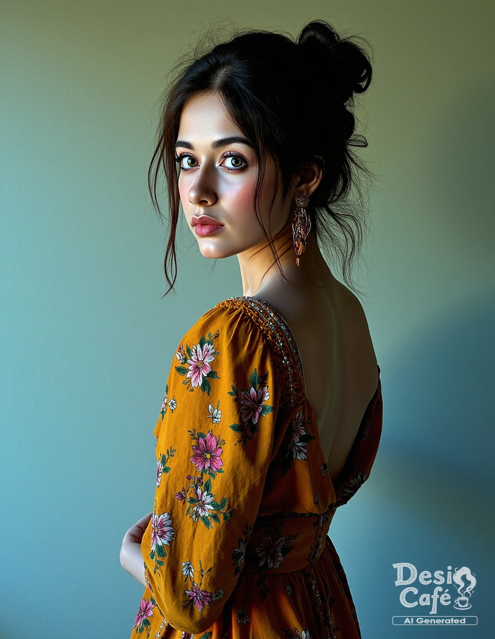 from behind,looking back photo of j4nn4t zub41r woman, hyper realistic photo that is safe for work, expression of wonderment with wide eyes, studio quality image with natural colors, well dressed wearing intricate long sleeved Ochre floral summer dress, hair styled as  messy hair,muted pastel shaded multicolored background that contrasts with the person, cinematic lighting,âââââ    <lora:j4nn4t_zub41r_Jannat_Zubair_Flux_Kohya_V1:1>âââ
