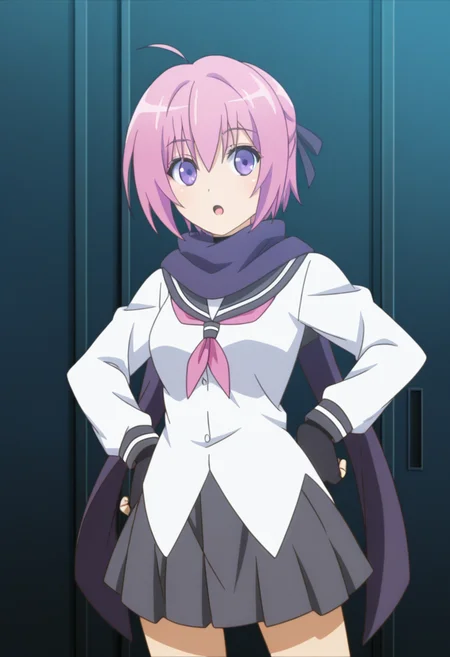 <lora:Shinobu SARUTOBI_illustrious-000020:1>,Shinobu SARUTOBI,pink hair,solo,purple scarf,grey skirt,purple eyes,school uniform,socks,black gloves,ahoge,pleated skirt,short hair,open mouth,standing,hand on own hip,fingerless gloves,:o,hair ribbon,white shirt,
cowboy_shot