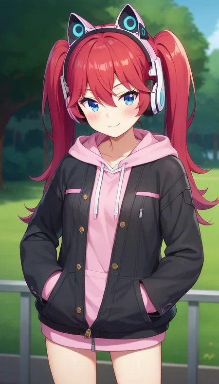 score_9,score_8_up,score_7_up,score_6_up BREAK official art,solo,outdoors,cowboy shot,looking at viewer,facing viewer,smile,blush,Amelia Irving,animal ear headphones,fake animal ears,long hair,red hair,twintails,cat ear headphones,hair between eyes,parted bangs,blue eyes,black jacket,open jacket,hoodie under jacket,pink hoodie,hood down,long sleeves,sleeves past wrists,small breasts,bare legs,sneakers,blue footwear,<lora:Amelia Irving(rf)-Pony:1.2>,