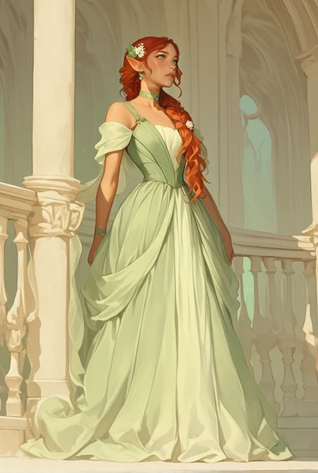 3l3ganc3, semi-realism, 1girl, solo, high fantasy,  jewelry, green eyes, flower, freckles, long hair, ginger hair wavy, earrings, choker, parted lips, lips, hair flower, hair ornament, portrait, braid, red hair, looking away, eyelashes, looking up, pointy ears, hair over shoulder, nose, princess, green elegant gown, (full body image,:1.45), standing in a white temple balcony, white and teal marble architecture, <lora:Elegence_Niji:1.3>