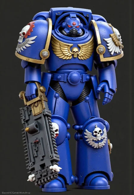 Score_9_up, absurdres, Source: GamesWorkshop, best quality, expressive eyes, perfect face, space marine, Ultramarines Astartes Chapter space marine in blue terminator armor holding a chainsword, terminator helmet, full body, volumetric lighting project unreal engine, mantisdetailerse, adddetails, <lora:PeopleCountSliderLoRAv1:2.0>, <lora:warhammerAdeptus_v1:0.7>,