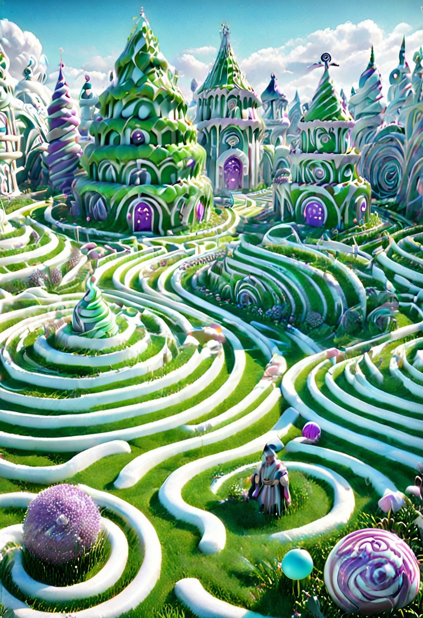 (Labyrinth),castle , A traveler contemplates a gigantic labyrinth made up of dozens of white, grass, medical towers. Candy labyrinth , evil villain