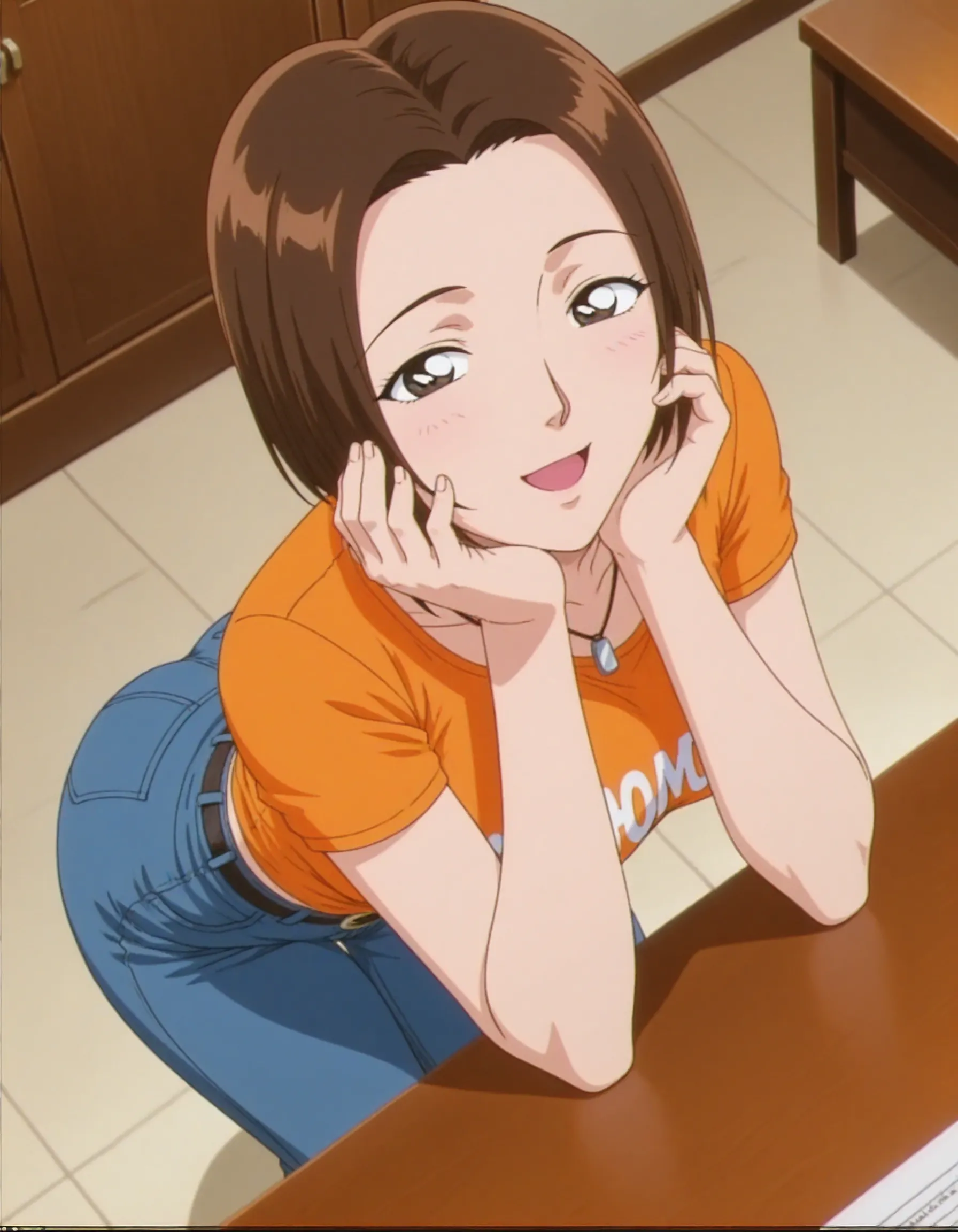 1girl,solo,masterpiece,best quality, anime screenshot,1990s \(style\),
<lora:clothing_store_clerk242_conan_v1_IL:0.6>,cscwoman,brown hair,short hair,forehead,necklace,breasts,orange shirt,short sleeves,black belt,tight shirt,jeans,clothes writing, breasts,
<lora:dmd2_sdxl_4step:1>,looking at viewer,open mouth,smile,from above, standing, ass,leaning forward,elbows on table,dutch angle, indoors, hands on own cheeks,all fours, half-closed eyes,
