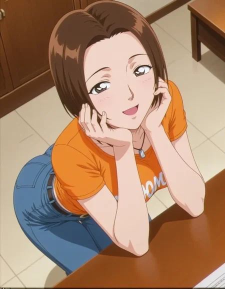1girl,solo,masterpiece,best quality, anime screenshot,1990s \(style\),
<lora:clothing_store_clerk242_conan_v1_IL:0.6>,cscwoman,brown hair,short hair,forehead,necklace,breasts,orange shirt,short sleeves,black belt,tight shirt,jeans,clothes writing, breasts,
<lora:dmd2_sdxl_4step:1>,looking at viewer,open mouth,smile,from above, standing, ass,leaning forward,elbows on table,dutch angle, indoors, hands on own cheeks,all fours, half-closed eyes,