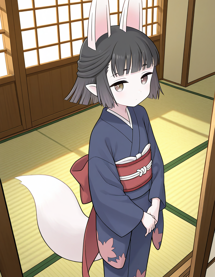 general,highres, ultra-detailed,very aesthetic,best quality ,best hands,  BREAK <lora:Hasaha_IS:1> Hasaha, 1girl,solo, animal ears, short hair, pointy ears, black hair, white tail, 
brown eyes, blunt bangs, fox tail, double sash, red obi,
 japanese clothes,  blue kimono, 
Japanese room, tatami,