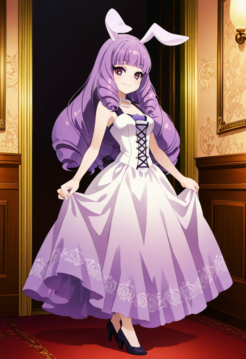 masterpiece, best quality, 1girl, solo, eyelashes, (beautiful eyes), narrow waist, smile,   zzChuchu, pink eyes, drill hair, long hair, purple hair, animal ears, rabbit ears, blunt bangs, rabbit girl, C0utur3Cr4z3, 1girl, solo, couture outfit, satin gown, elegant accessories, pearl necklace, pointed heels, sleek hair, soft makeup, luxury boutique, refined elegance â zzChuchu strikes an elegant pose in the grand foyer of a luxury boutique, her drill hair styled sleek and sophisticated. She wears a satin, floor-length gown in a soft lavender hue, embellished with subtle lace details. A pearl necklace graces her neck, and she wears pointed heels that give her a poised and graceful appearance. Her glowing bunny ears are the perfect complement to the refined elegance of the scene, and her soft makeup highlights her natural beauty. She embodies high-fashion couture with a playful yet elegant twist.  , <lora:ChuchuShowByRock_NAI:0.8>,   <lora:CoutureCraze_IXL:0.7>,