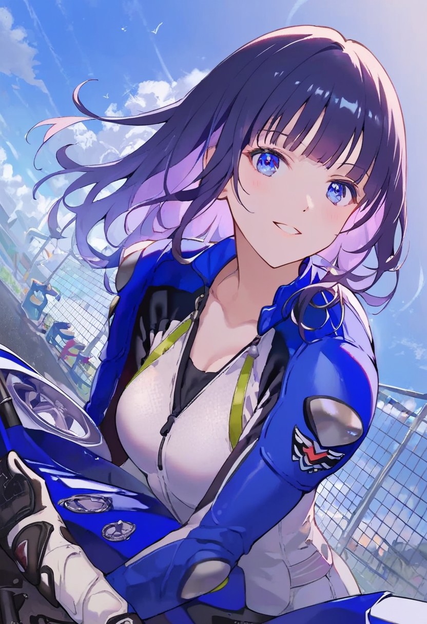 masterpiece, score_9, score_8_up, score_7_up, EasyNegative_v2, (best quality:1.1), ultra-detailed, high resolution, super detailed skin, beautiful detailed eyes, nsfw, Brightly Lit, Highly Visible, 8k, sharp focus, beautiful, perfect lighting, beautiful eyes, anatomically correct, anatomically correct face, extremely detailed eyes, smooth edges, beautiful face, source_anime, biker clothes, boots, blue&white bikesuit, knee pads, 1girl, cowboy shot, elbow pads, gloves, ground vehicle, motorcycle, riding, view from below, biker clothes, bikesuit, helmet, motorcycle helmet, gloves, boots, knee pads, elbow pads,