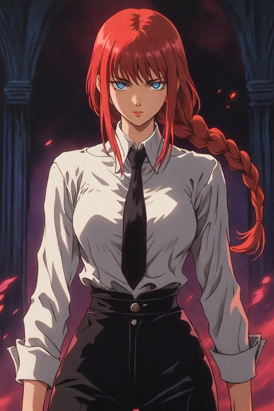 makima, red hair, long hair, ringed eyes, braid, white collared shirt,black necktie, black pants, 1girl, solo, alone, <lora:dark_fantasy_anime_illustriousXL:1>, dark_fantasy_style, dark fantasy, retro, masterpiece, highres