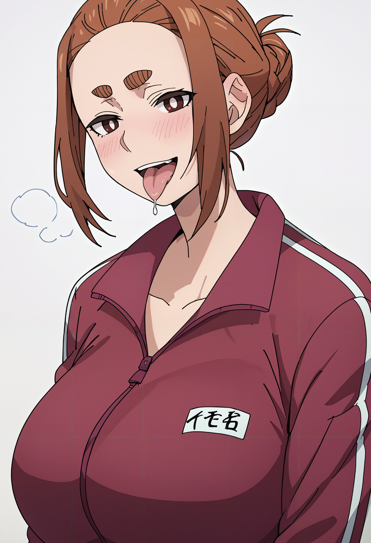 score_9,score_8_up,score_7_up,score_6_up,source_anime,sumireko ogawa, 1girl, solo,tongue out, naughty face, heavy breathing,  , jacket, track jacket, hair bun, upper body, blush, single hair bun,  looking at viewer, large breasts, track suit, thick eyebrows, huge breasts, red jacket,  white background ,open mouth, saliva drip, <lora:Sumireko Ogawa xl:0.8>