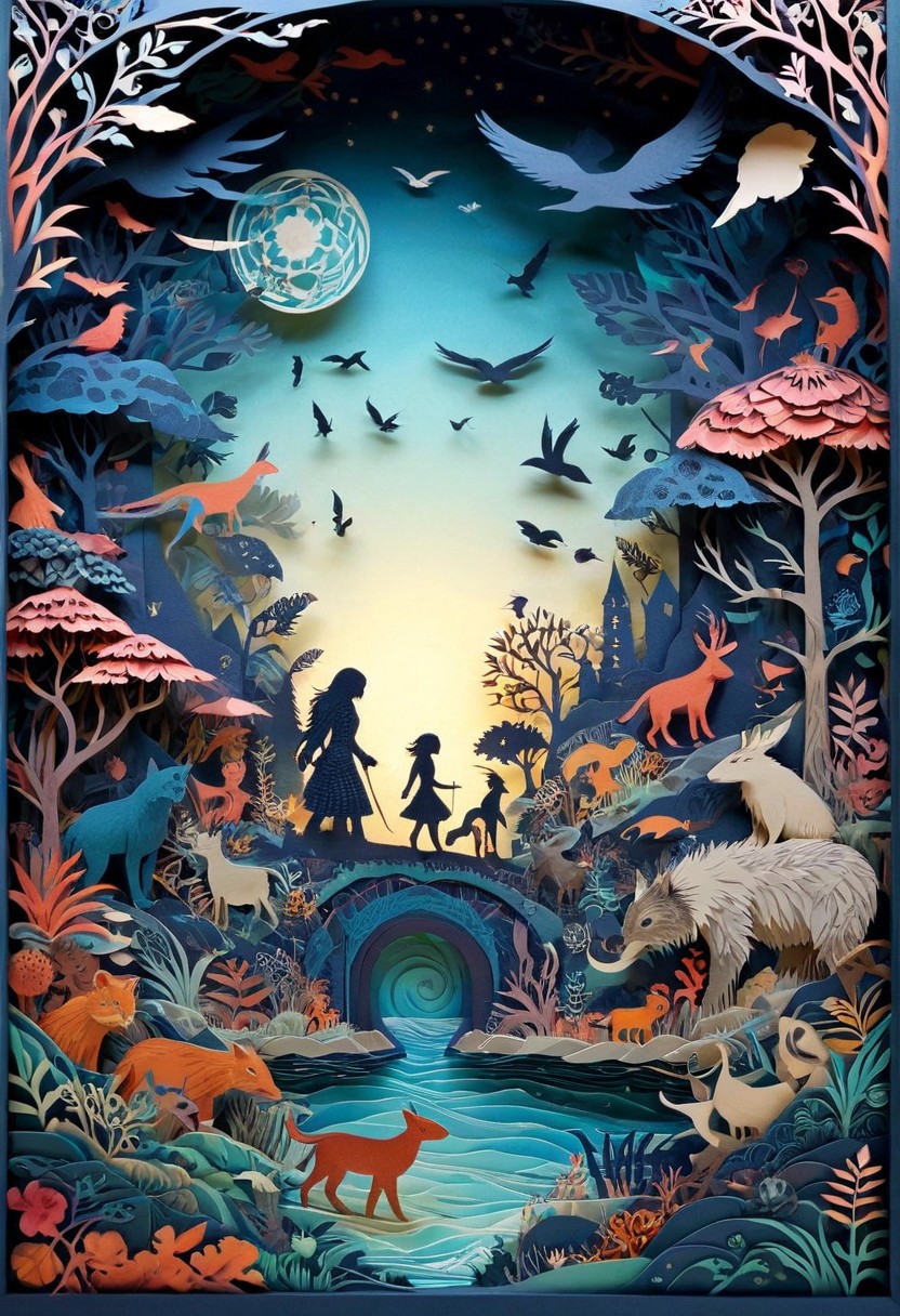 3D papercut shadow box of a parallel universe where animals have evolved to use technology, Patchwork Style, layered, dimensional, depth, silhouette, shadow, handmade, by various contemporary artists. 
concept-art, fantasy, epic, majestic, magical, dreamy, perspective, light and shadow, moody, epic, 
beautiful, painterly, aesthetic, textural, vivid, vibrant, intricate details, highly detailed, ultra-detailed, absurdres, 
aid291, ptchkrawk , paper-cut
