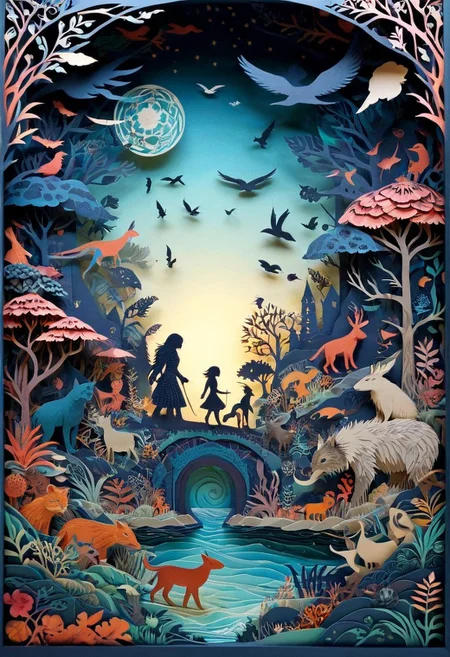 3D papercut shadow box of a parallel universe where animals have evolved to use technology, Patchwork Style, layered, dimensional, depth, silhouette, shadow, handmade, by various contemporary artists.
concept-art, fantasy, epic, majestic, magical, dreamy, perspective, light and shadow, moody, epic,
beautiful, painterly, aesthetic, textural, vivid, vibrant, intricate details, highly detailed, ultra-detailed, absurdres,
aid291, ptchkrawk , paper-cut
