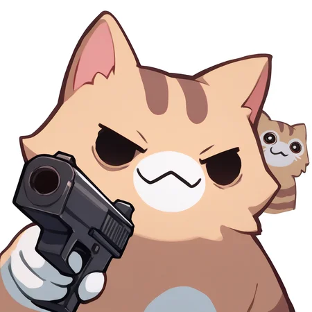 score_9, score_8_up, score_7_up, source_anime, simple background, white background, animal focus, solo, nekoemoji, cat, smirk, holding gun, aiming at viewer, solid circle eyes <lora:discord_nekonekonekone_ponyXL:1>