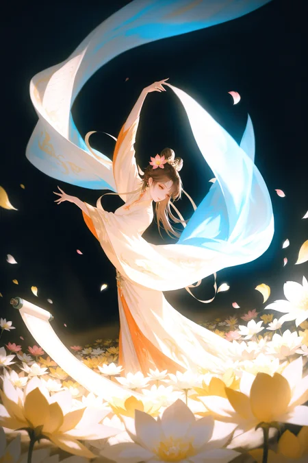 masterpiece, best quality, Good quality, very aesthetic, absurdres, newest, Headshot,dynamic angle, a hanfu girl, long_hair, brown_hair, long_sleeves, hair_ornament, jewelry, standing, flower, earrings, solo_focus, hair_flower, wide_sleeves, hair_bun, eyelashes, petals, white_flower, black_background, pink_flower, yellow_flower, dancing, scroll, Cool And Blue Lighting, <lora:spo_sdxl_10ep_4k-data_lora_webui:1> <lora:ponyv5_noobV065S_1_adamW-000013:1> <lora:USNR_STYLE_XL_lokr:0.6> <lora:EtherSDXL:0.15>