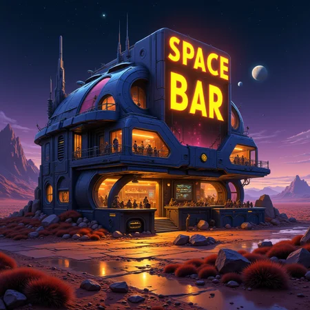 The futuristic bar building located on a distant planet. The yellow neon sign reads "SPACE BAR".
<lora:artilands:0.8>