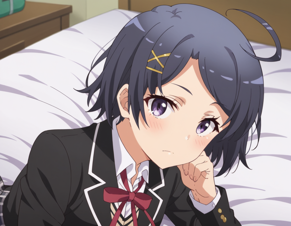 score_9, score_8_up, score_7_up, source_anime,
komachihikigaya, <lora:komachi-hikigaya-s2s3-ponyxl-lora-nochekaiser:1>,
komachi hikigaya, short hair, black hair, hair ornament, ahoge, hairclip, x hair ornament, purple eyes,
skirt, ribbon, school uniform, jacket, black jacket, plaid, plaid skirt, blazer, sobu high school uniform,
indoors, bed, bed room, on side, blush, drunk,
looking at viewer, cowboy shot, solo, dutch angle,