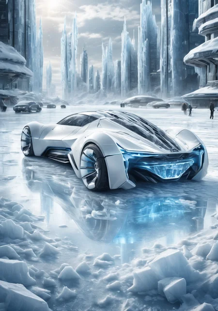 (ultra-high precision detail),8k,<lora:ç§å¹»-éªåé»çº¢sdxl:0.6>,ice,snow,the surface of this distant planet is covered with white ice,for tens of thousands of years as the temperature drops,sports car,huge artificial urban structure stuck in ice,equipment and machinery in the city have long ceased to function,only the ice-locked form stands on the ice sheet,(Masterpiece, high quality, best quality, official art, beauty and aesthetics:1.2),exquisite,metal crystal,photon force field,broken sports cars of the future,planet,