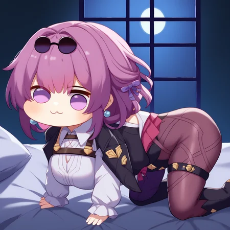 score_9, score_8_up, score_7_up, detailed, BREAK 1girl, solo, kafmoommy, purple eyes, no pupils, purple hair, medium hair, large breasts, <lora:KafkaPDXL_V1-Manityro-CAME:1.0>,
indoors, bedroom, purple theme, dark, night, dark environment,
<lora:Doro_X_PDXL_V1:1.2>, doro, creature, :3, chibi, no humans, four legs, solid circle eyes, no pupils, all fours, side view, full body,
eyewear on head, jewelry, earrings, black jacket, open jacket, jacket on shoulders, chest harness, white shirt, collared shirt, long sleeves, high-waist shorts, pantyhose under shorts, purple pantyhose, single thigh boot, thigh boots, thigh strap, ribbon