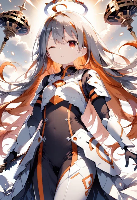 score_9, score_8_up, score_7_up, 1girl,FujisakaLP,high definition eyes, (masterpiece), (best quality), (ultra detailed),(disheveled hair),(illustration), (best shadow), detail1eye, warm lighting, bright colors, solo, very long hair, grey hair, orange hair, orange inner hair, red eyes, colored inner hair, two-tone hair, ahoge, absurdly long hair, orange colored inner hair, multicolored hair, halo, , , body suit, flowing hair, wind, one eye closed, staff, dress, armor, headgear, floating, <lora:sigmav2:0.7>