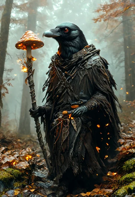 (masterpiece,best quality,ultra_detailed,highres,absurdres:1.2), DnD_Grainyboyz, rotated camera angle style,hknature,
BREAK
highly detailed photo of single black corvidfolk running through forest, (holding 
glowing magic staff covered with shrooms:1.2),  (fast running:1.3), motion blur, wearing brown robe, ((horror vibes:1.35)),
BREAK
moody forest,
detailed background, (ancient dence forest:1.2), rocks, fog, (dramatic light:1.25)
<lora:neg4all_bdsqlsz_xl_V9:2><lora:dynposes3870:1>
<lora:aidma-Image Upgrader-v0.1:1.5>