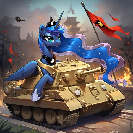 masterpiece, score_9, score_8_up, score_7_up, (best quality:1.1), ultra-detailed, high resolution, 1character, ((((Princess Luna)))), pony, alicorn, night, dark, (black panther tank, tank commander, ground vehicle, military vehicle, caterpillar tracks), ((Beautiful details of the tank)), (((beautiful detailed eyes))), Long eyelashes, Looking At Viewer, Highly Visible, (((8k))), MLP, G4, Lunar empire flag, from Equestria at War, female, sharp focus, perfect lighting, beautiful eyes, detailed outfit, long eyelashes, anatomically correct, extremely detailed, (in the wpjen trenches), shine on body, high detail, cute face, Expressiveh, detailed background, OverallDetail, zPDXL2