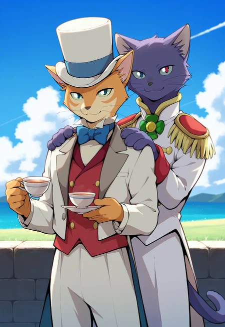 masterpiece, best quality, amazing quality, 2boys, male focus, furry male, barlune, prince_lune, purple fur, military uniform, standing behind, hands on another's shoulder, the_baron, orange fur, white suit, red vest, blue bowtie, top hat, drinking tea, outdoors, blue sky, cloud, looking at viewer, smile