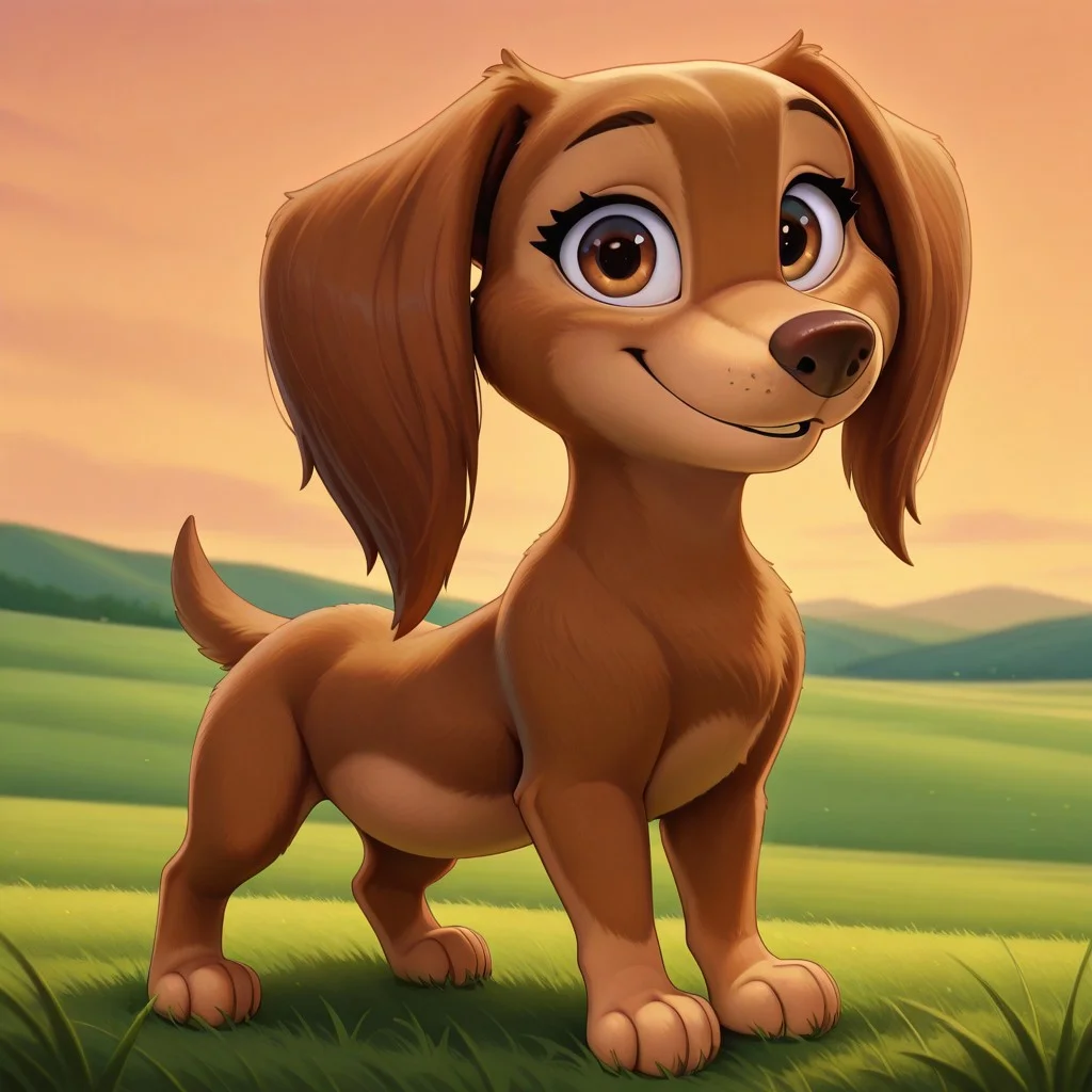 Liberty(PP), solo, feral, dog, dog girl, long-haired Dachshund, brown fur, tan paws, tan belly, tan muzzle, brown nose, brown eyes, long ears, short tail, full body, looking at viewer, smile, standing, grass field setting,