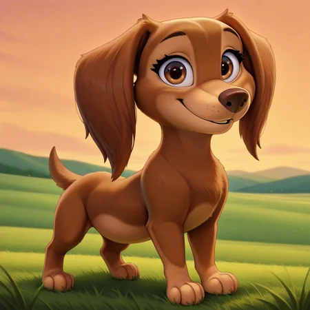 Liberty(PP), solo, feral, dog, dog girl, long-haired Dachshund, brown fur, tan paws, tan belly, tan muzzle, brown nose, brown eyes, long ears, short tail, full body, looking at viewer, smile, standing, grass field setting,