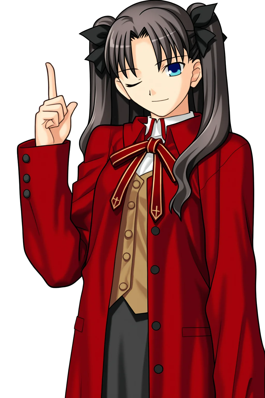 fatesnha, oekaki, tohsaka rin, 1girl, solo, long hair, smile, skirt, black hair, long sleeves, ribbon, school uniform, closed eye, blue eyes, pantyhose, black skirt, red coat, two side up, transparent background, pointing, index finger raised, pointing up, homurahara academy school uniform, standing, looking at viewer, upper body, 
(masterpiece, best quality, absurdres, highres, newest, very awa:1.2), 