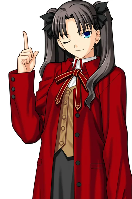 fatesnha, oekaki, tohsaka rin, 1girl, solo, long hair, smile, skirt, black hair, long sleeves, ribbon, school uniform, closed eye, blue eyes, pantyhose, black skirt, red coat, two side up, transparent background, pointing, index finger raised, pointing up, homurahara academy school uniform, standing, looking at viewer, upper body, 
(masterpiece, best quality, absurdres, highres, newest, very awa:1.2), 