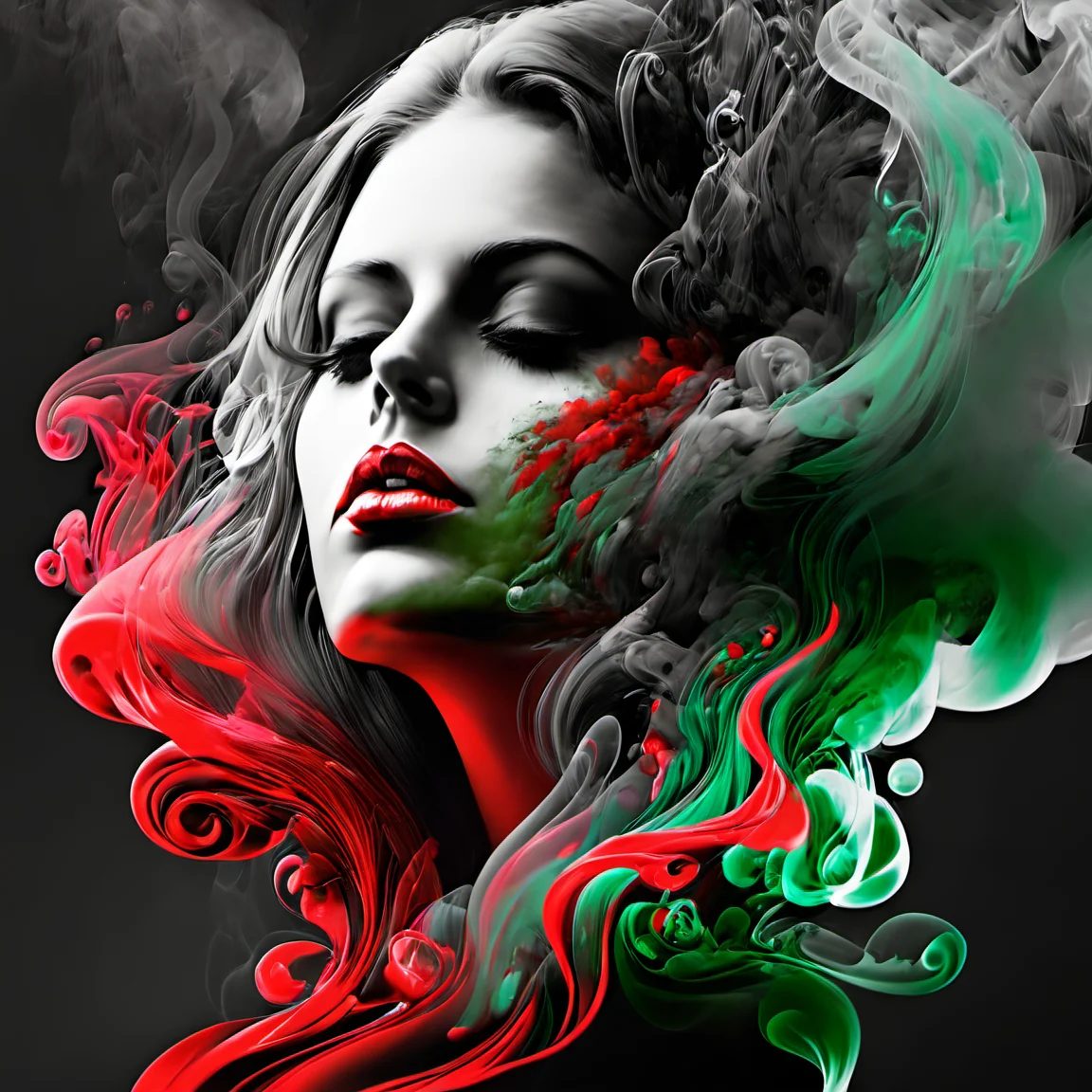 smokeart, girl face,red,black,green,<lora:Smoke_Art:1>
