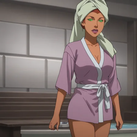 <lora:starfiredcmau_pony_v1:.9>  starfireclothes, 1girl, towel on head, green eyes, large breasts, dark skin, cleavage, dark-skinned female, makeup, lipstick, bathrobe, headband, cowboy shot