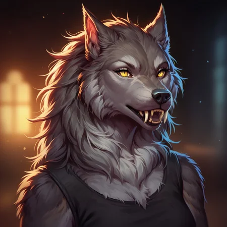 (((detailed, beautiful, high quality))), score_9, score_8_up, score_7_up, upper body,
werewolf, furry wolf, fangs, tail,
1 girl, grey fur, yellow eyes, black top, black pants,
blurred background, fantasy background, rustic background, dark background,