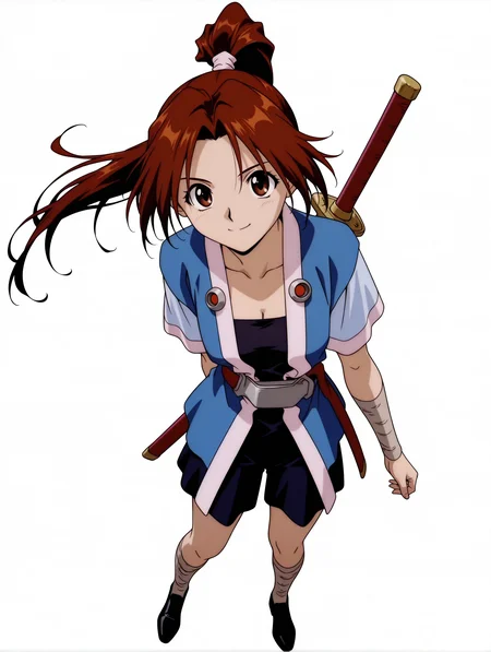 masterpiece,best quality,newest,
1girl,solo,
<lora:sakura_ilxl_v1.0:1>,sakura,high ponytail,brown hair,brown eyes,
s_clothes,short_sleeves,open clothes,belt,ribbon,black short culottes,bandaged legs,black footwear,
sword behind back,
<lora:Fixhands_anime_bdsqlsz_V1:1>,simple_background,white_background,looking_at_viewer,face_focus,standing,front view,portrait,smile,full body,