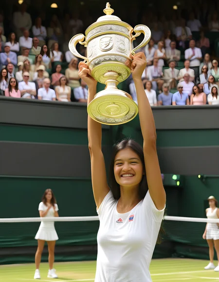 emmaraducanu, In a vibrant Wimbledon Centre Court, under the bright, glaring spotlights that cast long, dramatic shadows, tennis champion Emma Raducanu stands alone, her black hair cascading down her back as she wears a crisp white shirt unbuttoned at the neck, teeth gleaming in a radiant smile with closed eyes, her body poised triumphantly while holding aloft the iconic Wimbledon trophy against the lush, verdant backdrop of manicured lawns and grand stands.